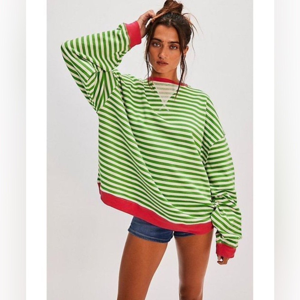 NEW Free People Classic Striped Oversized Crewneck Pink Clover